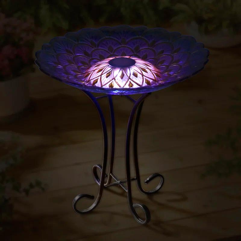 Solar Floral Glass Bird Bath with Stand