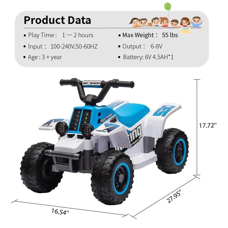 Hetoy 6V Kids Ride On Electric ATV With LED Headlights