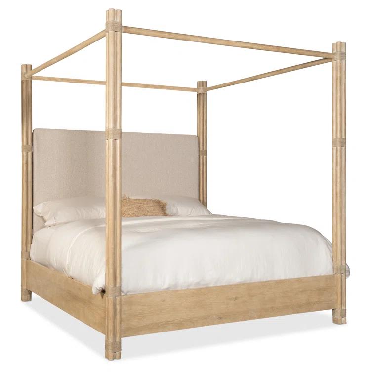 King Beige Upholstered Canopy Bed with Oak Frame