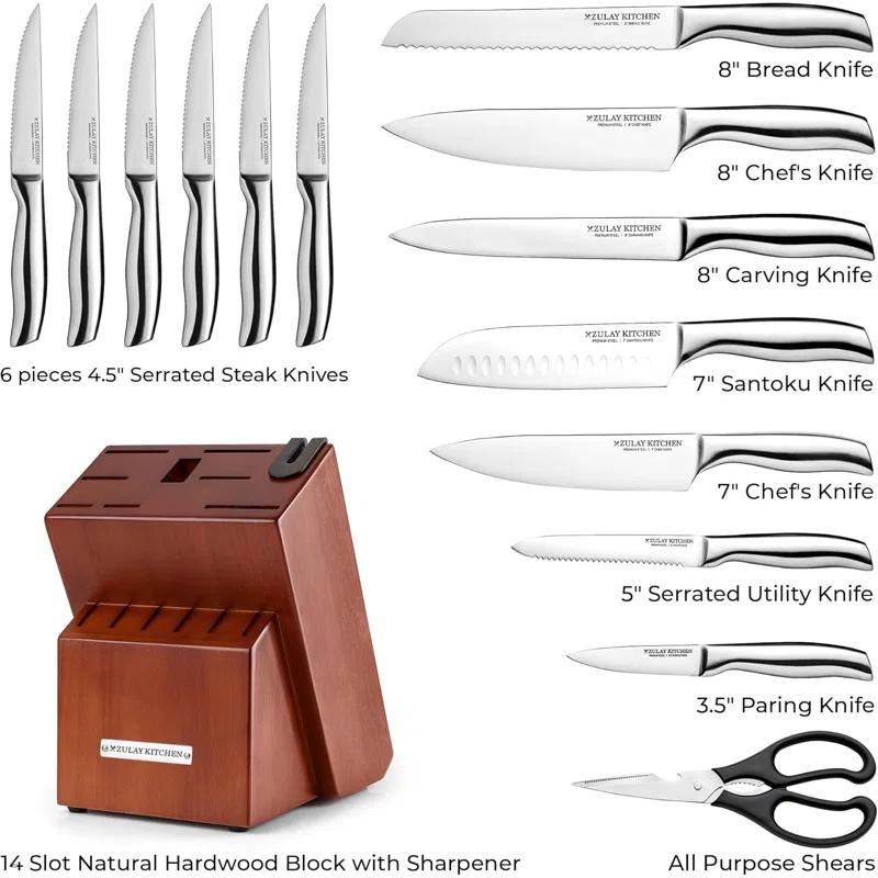 Zulay Kitchen Zulay Kitchen Premium 15-Piece Knife Set with Natural Wood Block and Built-in Sharpener
