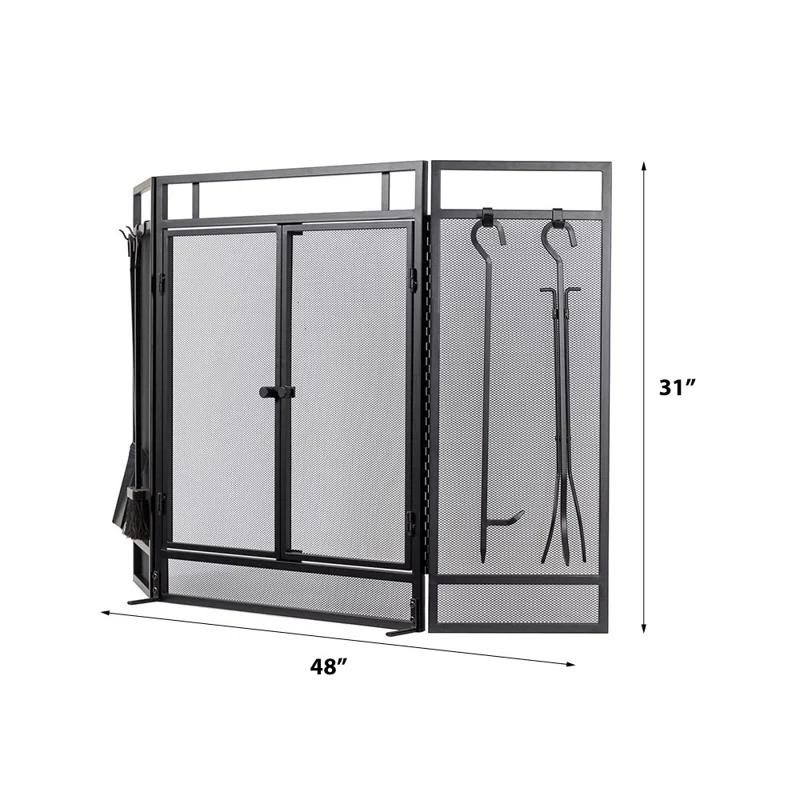 Kern River Mesh Trifold Fireplace Screen with 4 Piece Tool Set in Black