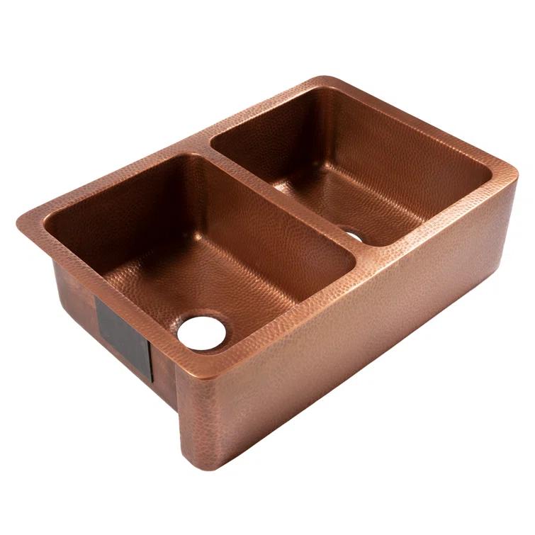 Sinkology Adams Copper 33" Double Bowl Farmhouse Apron Front Undermount Kitchen Sink K2A-1005ND