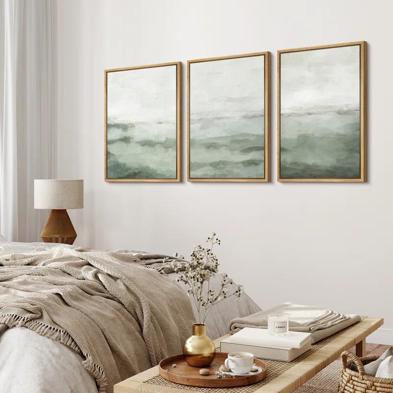 Sage Green Abstract Landscape Modern Organic Minimal Bedroom Framed Canvas Print 3 Pieces Wall Art