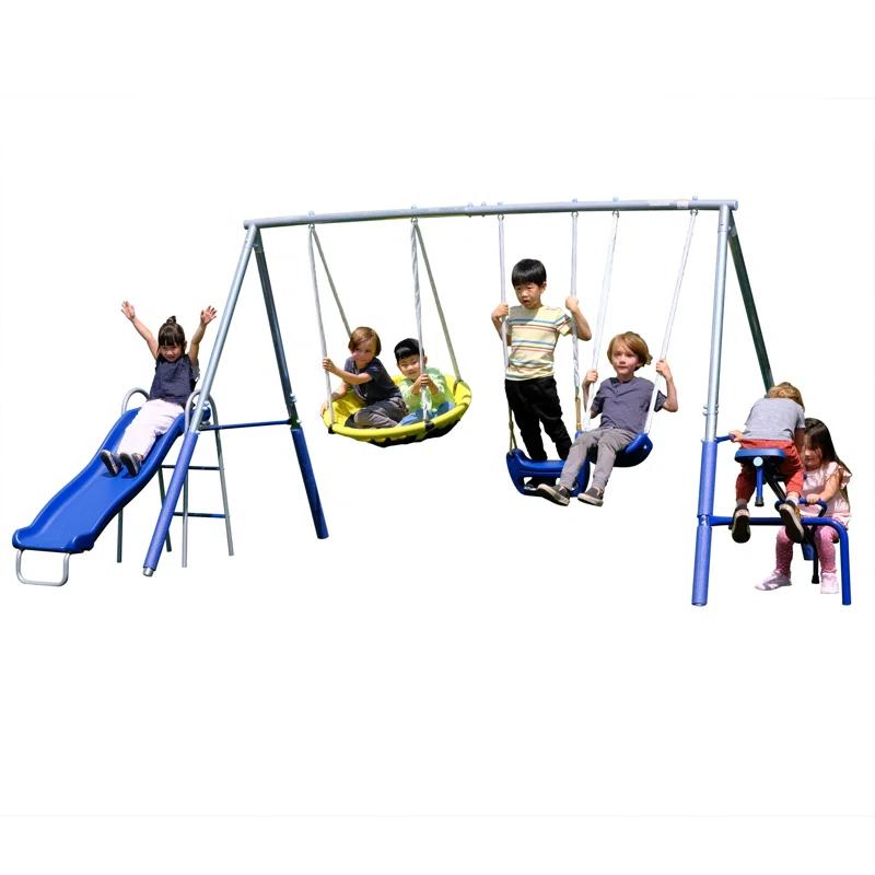 Sportspower Sportspower Taylor Galvanized Metal Swing Set With Blow Molded Swing, Standing Swing, 2 Person Teeter Totter, 32" Saucer Swing, And 5' Slide, Bonus 4pc Anchor Kit Included