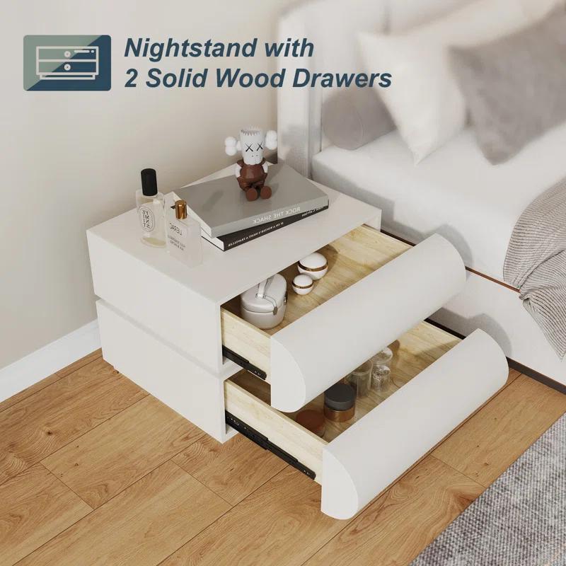 Wrought Studio™ Hasya White Nightstand with 2 Solid Wood Drawers, Leather Bedside Table for Bedroom, No Assembly Required