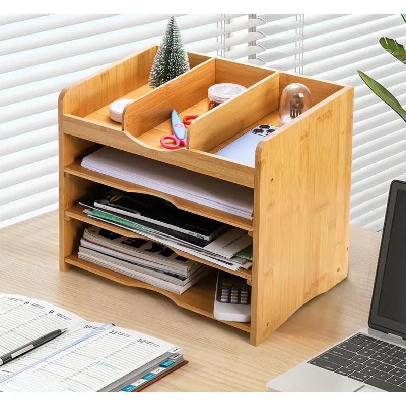 Hokku Designs Bamboo Desk File Organizer,Document Letter Tray Sorter With 2 Adjustable Shelves, 4 Tier Mail Organizer Countertop