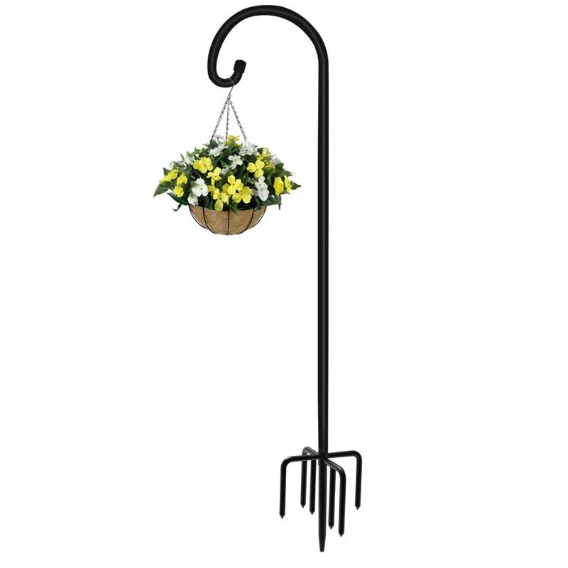 Arlmont & Co. Velsie 108 Inch Outdoor Shepherd Hook With 7 Prong Base (1 Pack), Adjustable Heavy Duty Garden Hanging Stake , Matte Black