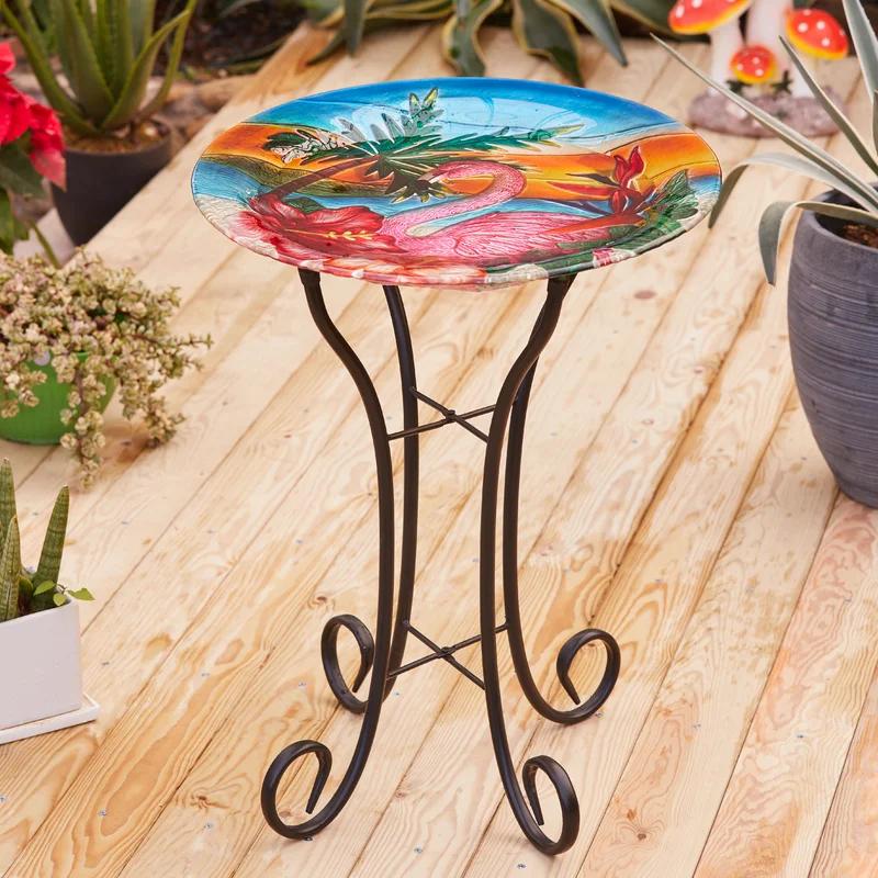 Flamingo Sunset Glass Bird Bath with Metal Stand