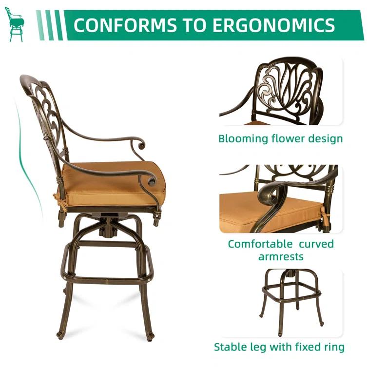 Bloomsbury Market Bloomsbury Market 5-piece Bar Height Patio Dining Set, All Weather Cast Aluminum Outdoor Table And Chairs Set With 4 Swivel Bar Stools, Cushions & 35.38" High Bar Table W/umbrella Hole For Deck, Lawn, Garden