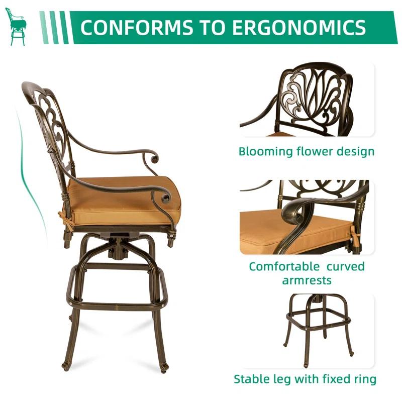 Bloomsbury Market Bloomsbury Market 5-piece Bar Height Patio Dining Set, All Weather Cast Aluminum Outdoor Table And Chairs Set With 4 Swivel Bar Stools, Cushions & 35.38" High Bar Table W/umbrella Hole For Deck, Lawn, Garden
