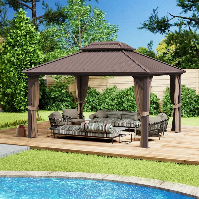 Kozyard Kozyard Caesar Gray Double Roof Hardtop Gazebo with Privacy Curtain and Mosquito Netting
