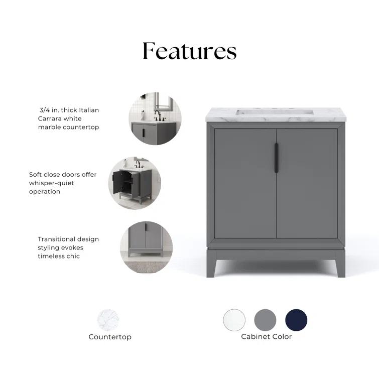 Elizabeth 30" Cashmere Grey Single Bathroom Vanity with Carrara Marble Top