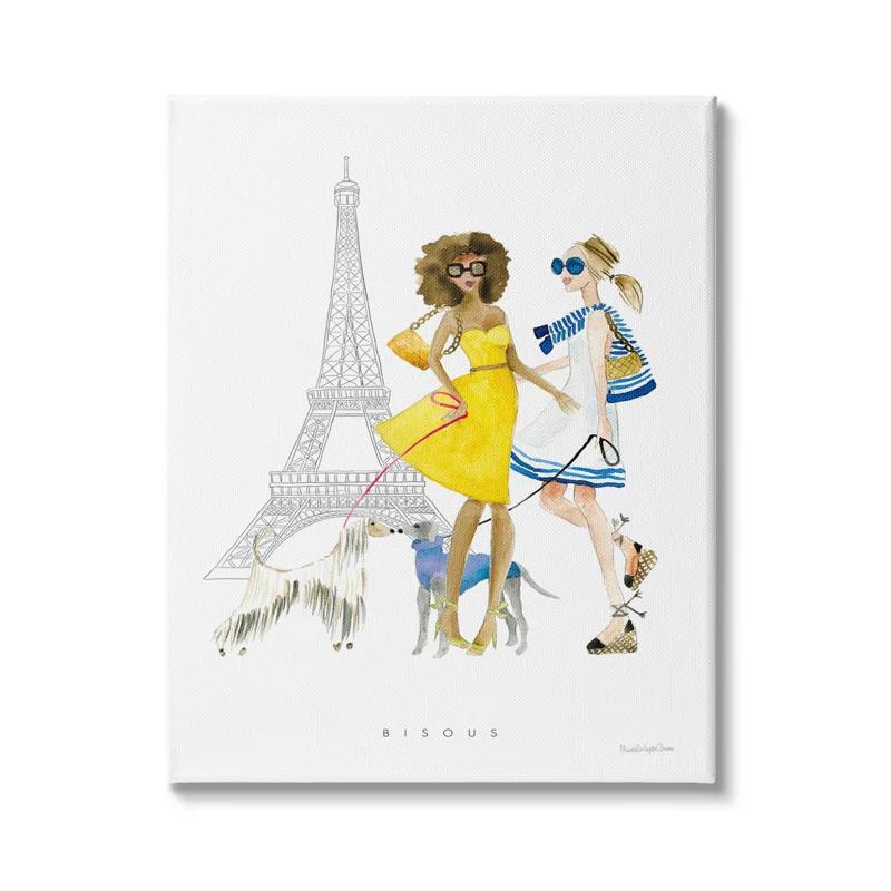 Stupell Industries " Bisous Kisses Phrase Parisian Fashion Females And Dogs " by Mercedes Lopez Charro