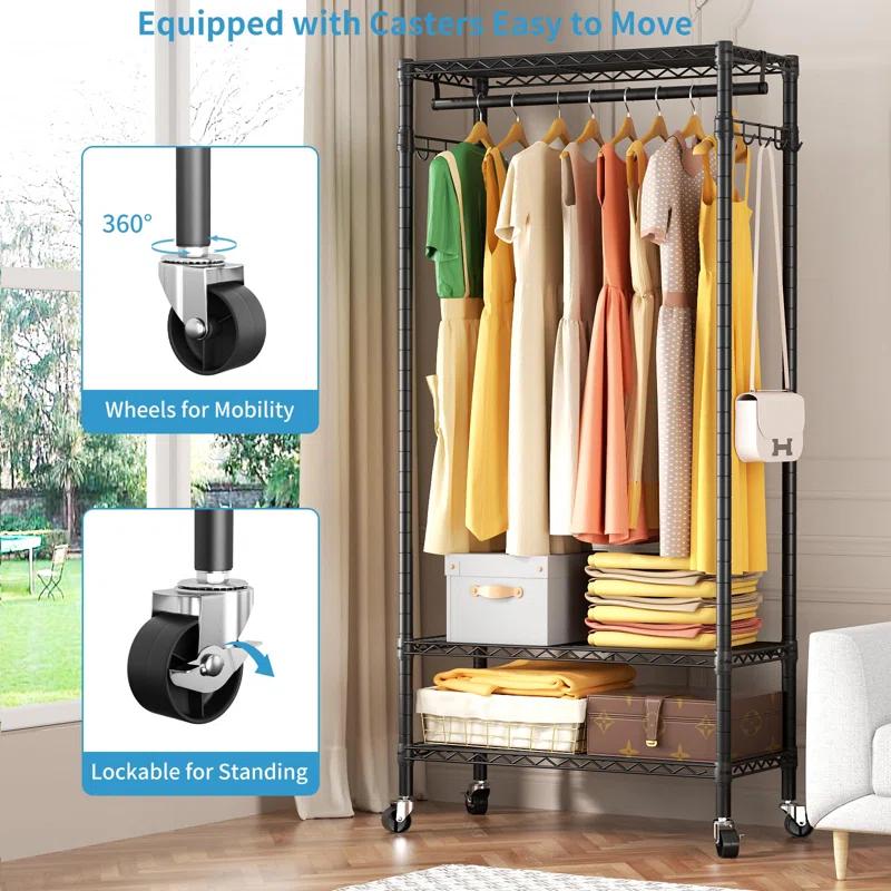 Heavy Duty Rolling Garment Rack - 3-Tier Adjustable Wire Shelving
