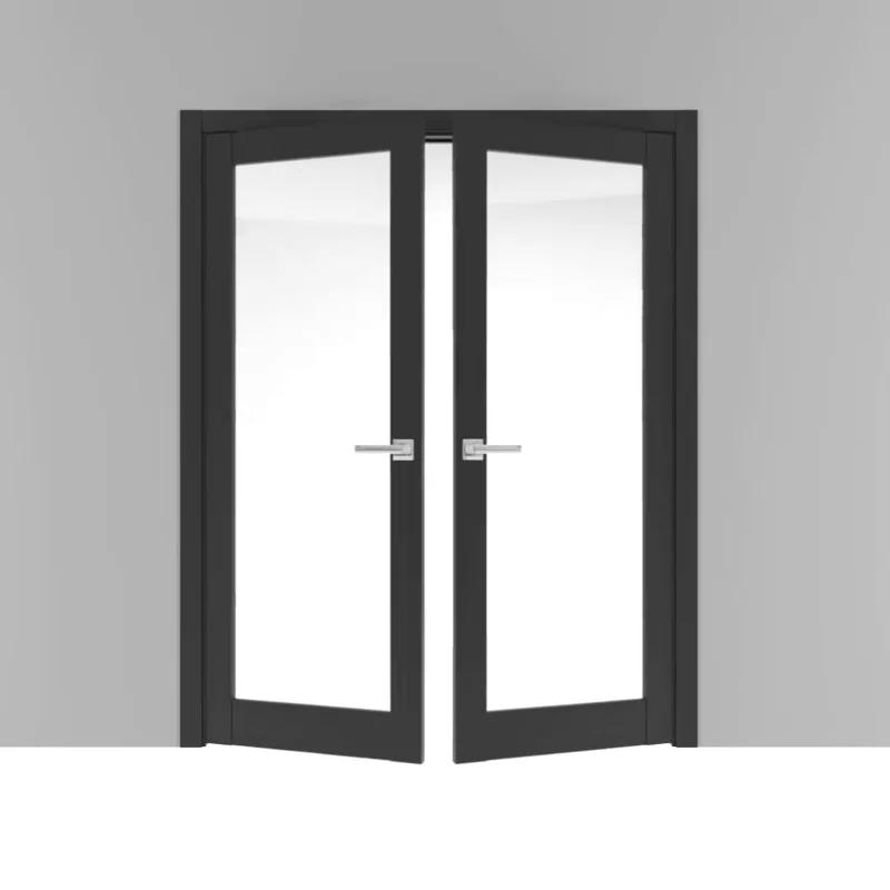 SARTODOORS Solid French Double Doors | Lucia 2166 Matte Black Clear Glass | Wood Solid Panel Frame Trims | Closet Bedroom