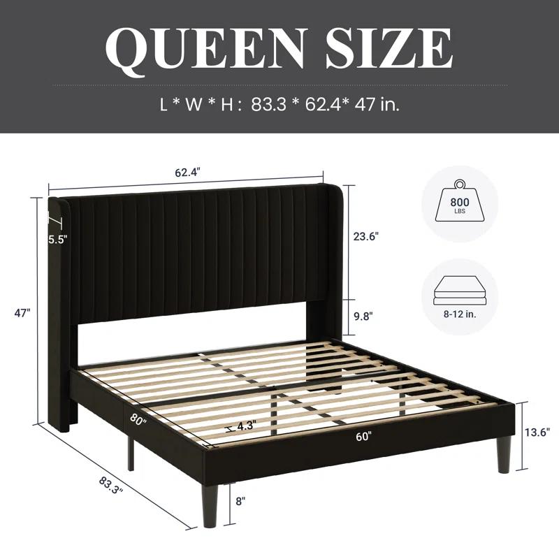 Candler Velvet Upholstered Platform Bed with Wingback Headboard and Wooden Slats