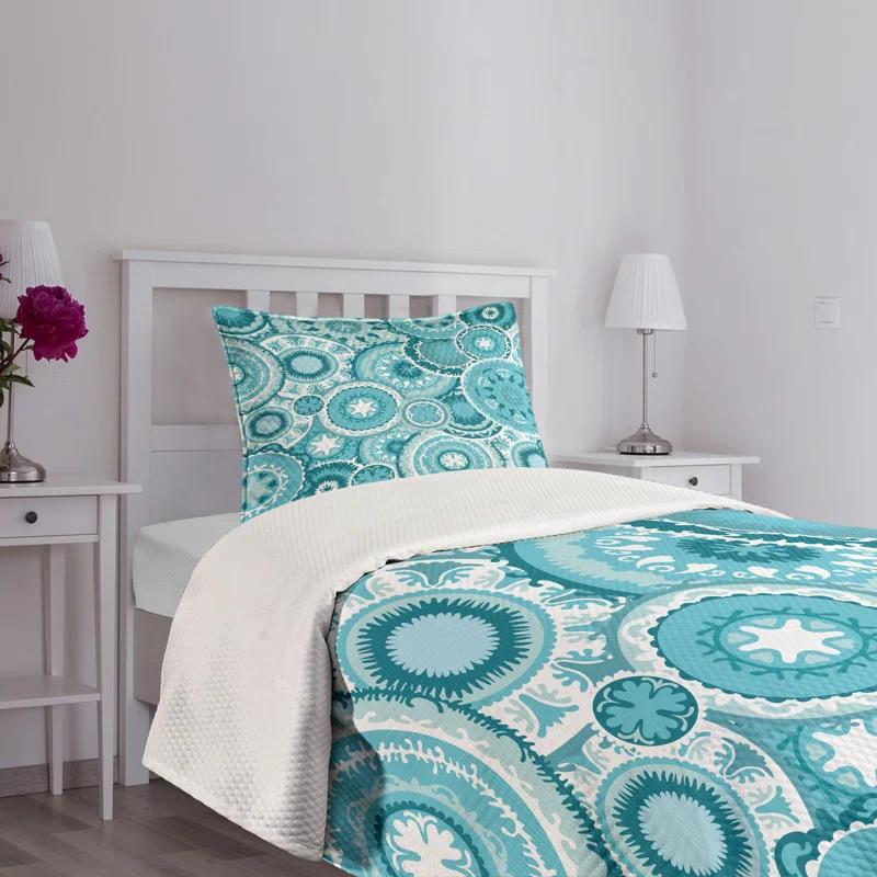 Ambesonne Ambesonne Aqua Bedspread Set Mandala Round Turquoise Teal White