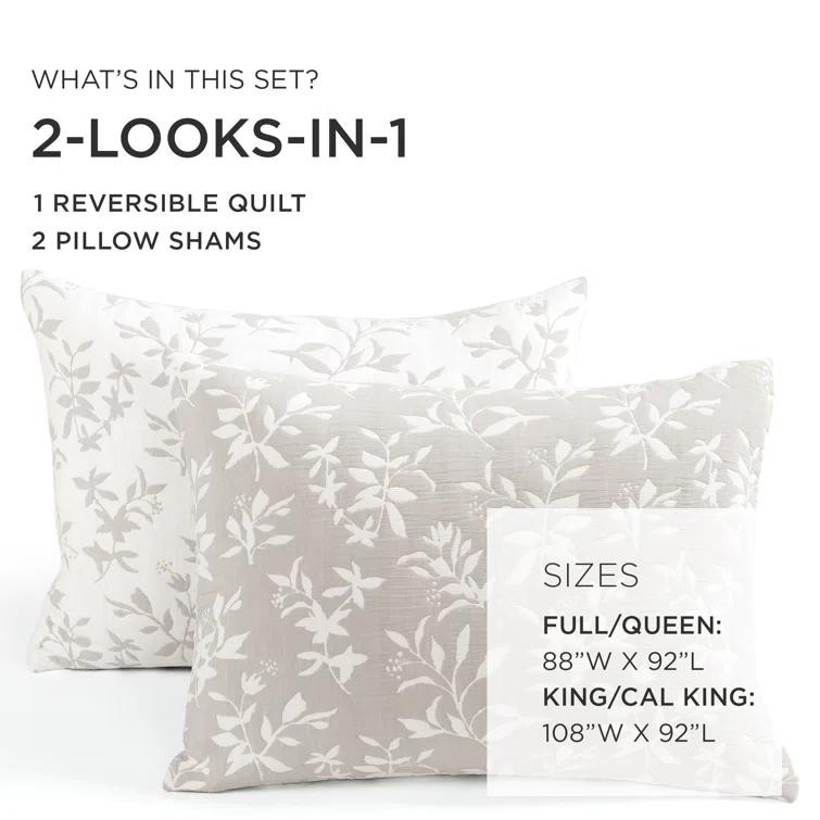 Lush Decor Floral Jacquard Reversible Soft Matelassé Quilt 3Pc Set