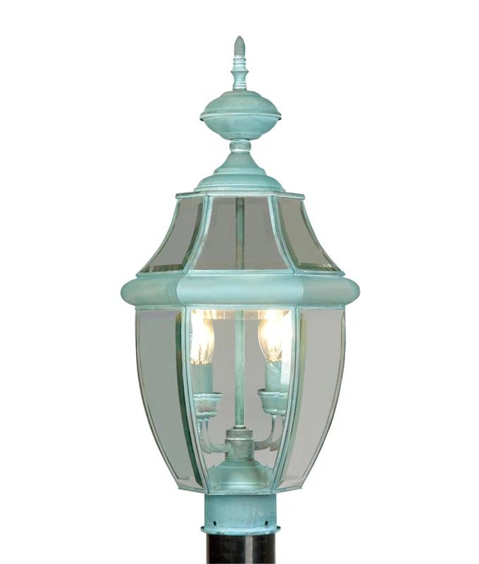 Lighting Lumens 2 Light Verdigris Outdoor Post Lantern Pendant - Clear Beveled Glass Shade