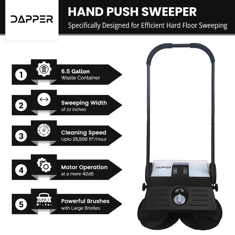 Dapper Supply Walk-Behind Outdoor Hand Push Floor Sweeper - 6.5 Gallon Capacity - 22" Sweeping Width - Sweeps up to 25,500 ft² / Hour, Grey