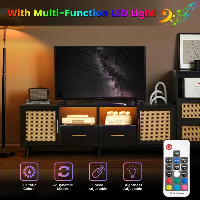 Bay Isle Home™ Heyer Large Wood Rattan TV Stand for TVs up to 75" with LED Light and Charging Station, Coastal Media Console Table, Multimedia Storage Furniture with 2 Drawers, Lighting TV Cabinet