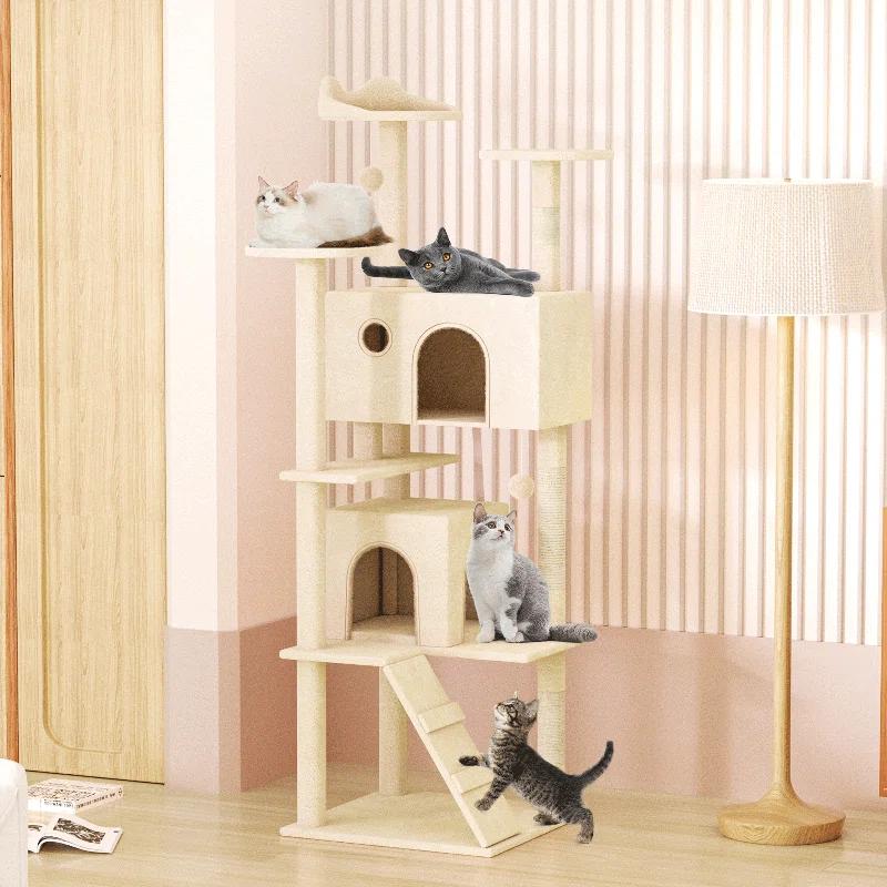 70" Cat Tree Tower With Scratching Posts, Multiple Cat Caves, Top Perch, And Play Features For Indoor Cats