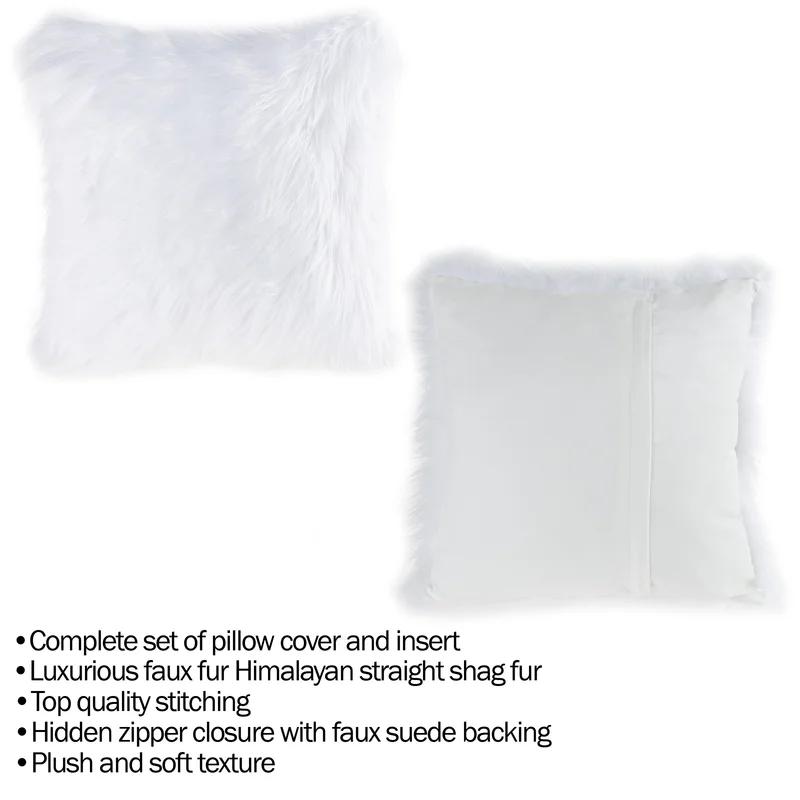 22'' White Faux Fur Square Pillow Set with Suede Back