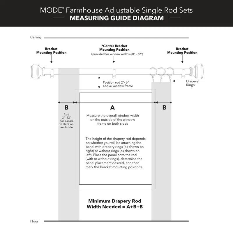 MODE Mode Farmhouse Collection 1 1/8 in Diameter Curtain Rod Set with Cottage Square Finials and Steel Wall Mounted Adjustable Rod