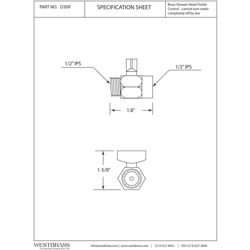 Westbrass 1/2" Shower Arm Volume Flow Control Trickle Valve D309-05