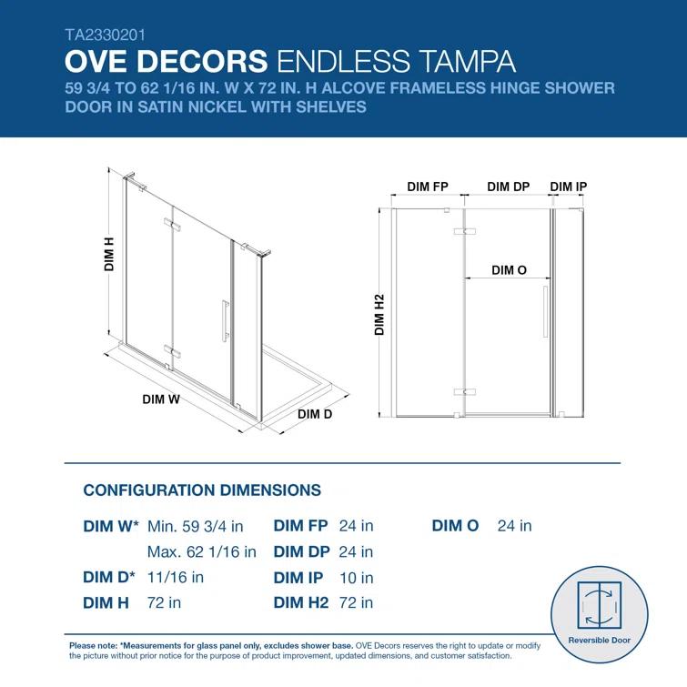 Ove Decors Endless Tampa 62" W x 72" H Alcove Frameless Shower Kit, Door, 2 Panel, Shelves TA2330201