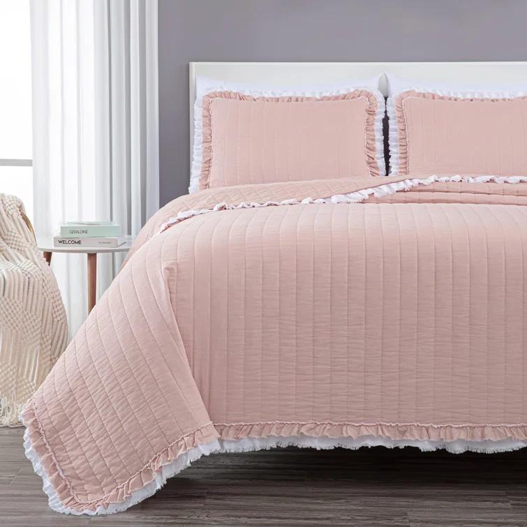 Chezmoi Collection Bonnie Double Frayed Ruffled Edge Cotton Quilt Set