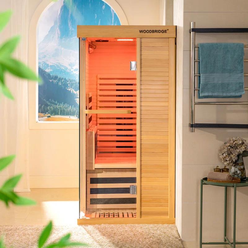 WoodBridge 1 Person Indoor Bluetooth Compatible FAR Infrared Sauna in Canadian Hemlock, Touch-Tone Keypad, LED Therapy Light