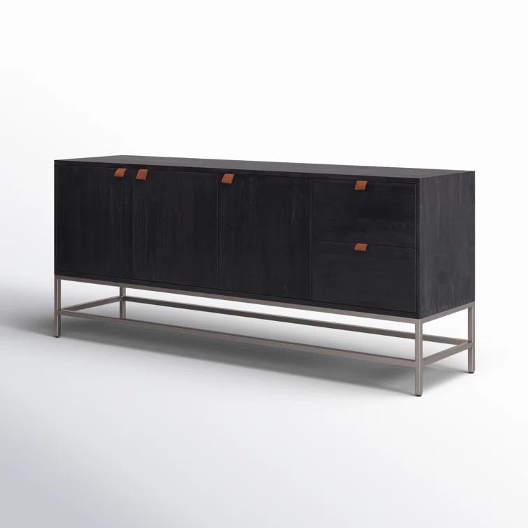 Auburn Poplar Wood 72" Sideboard with Leather Pulls and Iron Base