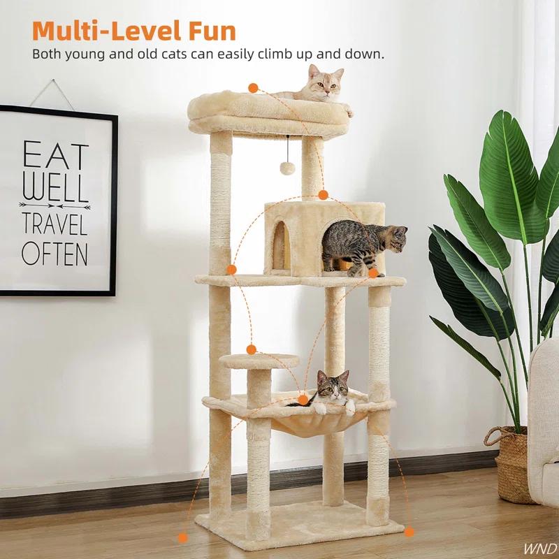 Latitude Run® Indoor Multi-Level Tall Cat Tower With Large Hammock, Scratching Posts, Cozy Condo And Top Perch