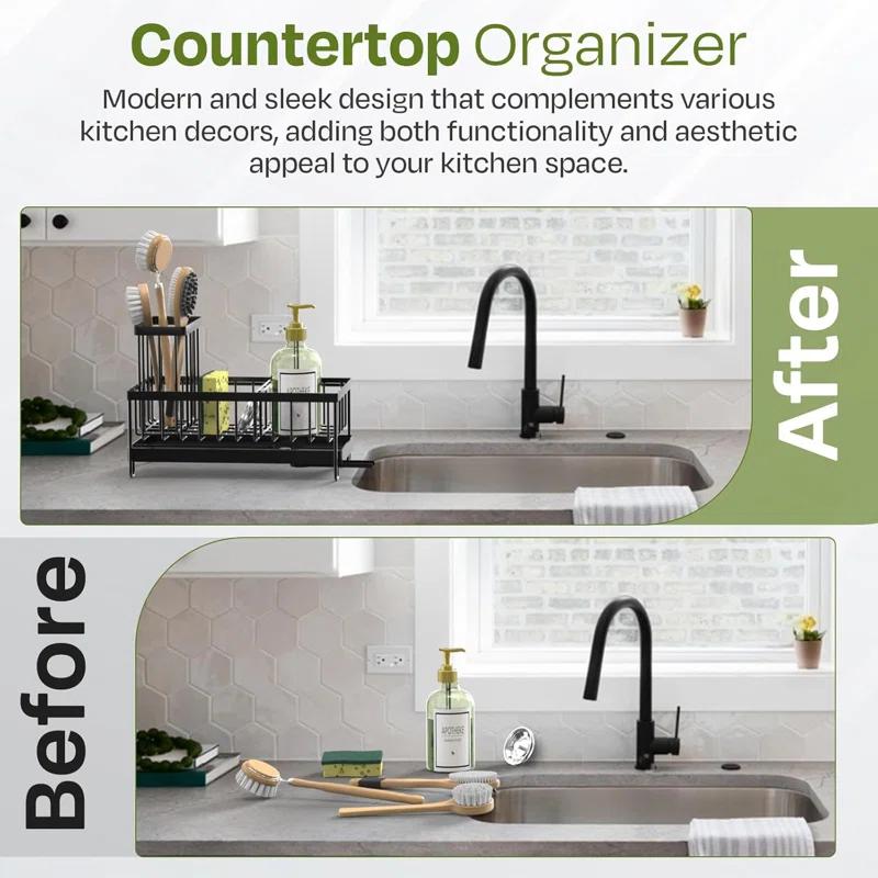 WKING Stainless Steel Kitchen Sink Caddy Organizer With Draining Tray, Rustproof Sponge Holder For Sink, Adjustable Compartments, Space-Saving Design