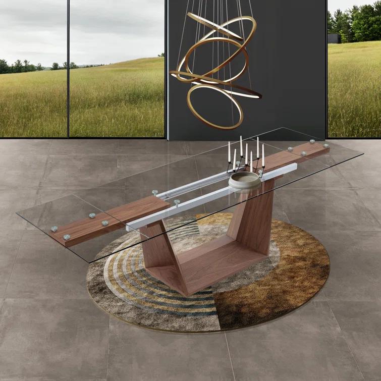 Davee Extendable Glass Top Solid Wood Base Dining Table