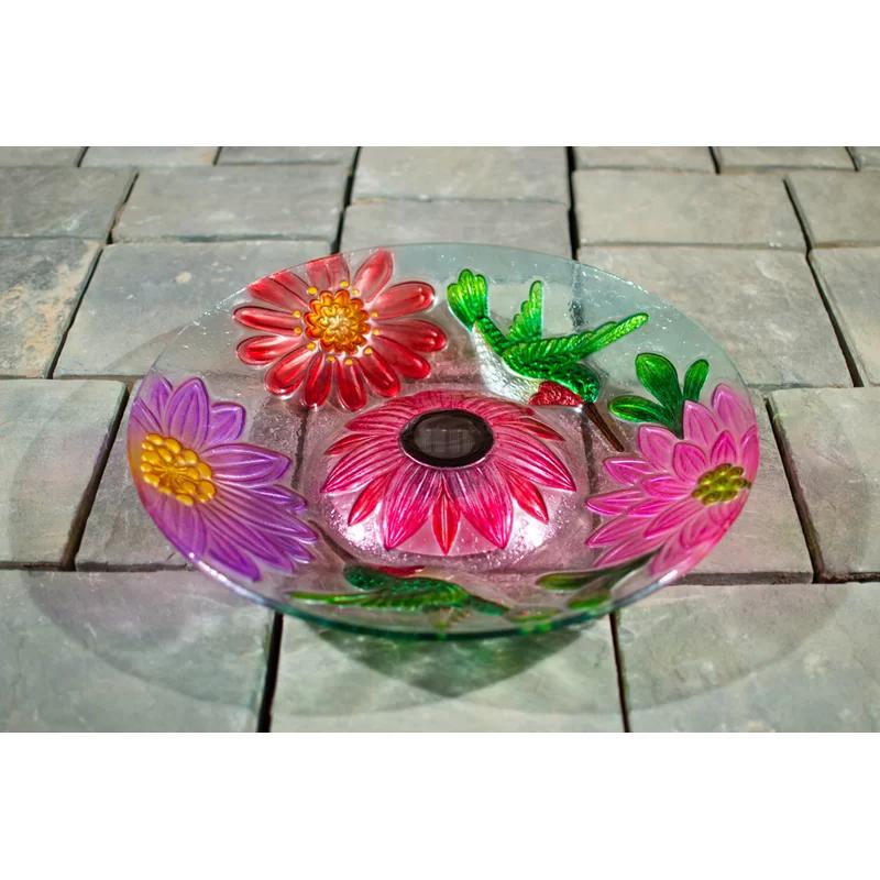 Solar Floral Glass Hummingbird Birdbath with Metal Stand