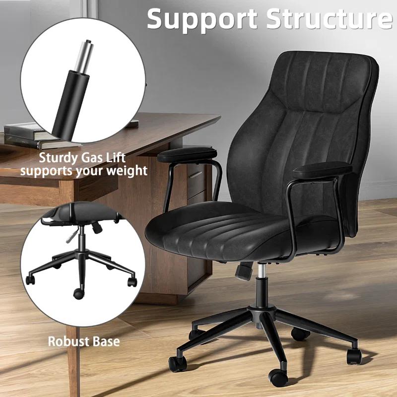 Mid Century Modern Office Chair, Vintage Leather Desk Chair With Wheels and Arms, Home Office Task Chair