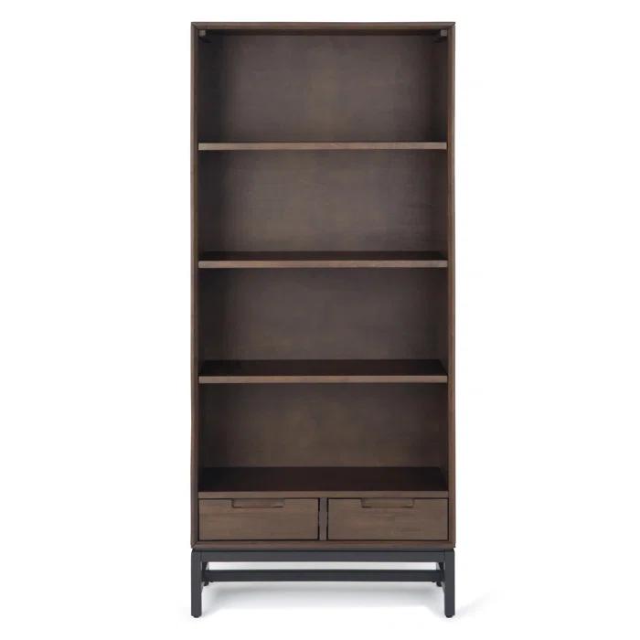 Banting 30"W Solid Wood 4 Shelf Industrial Bookcase with 2 Drawers, Adjustable Shelves, and Metal Base