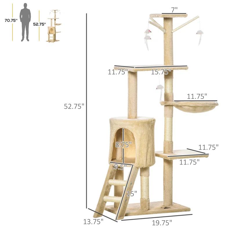 Tucker Murphy Pet™ 53" Plush Sturdy Interactive Cat Condo Tower Scratching Post Activity Tree House - Beige