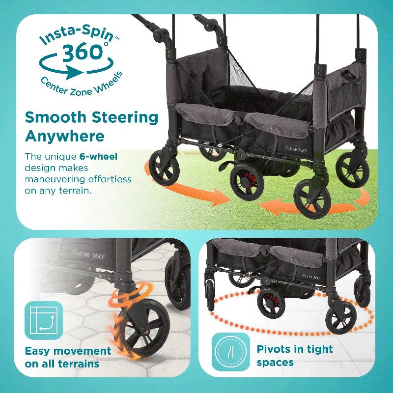 Contours Contours Curve 360 Stroller Wagon for 2 Kids, Infant Car Seat Compatibility, Zero Turn Radius, Lightweight Foldable Push-pull Collapsible Wagon Cart for Garden, Stroller, Camping, Grocery Cart