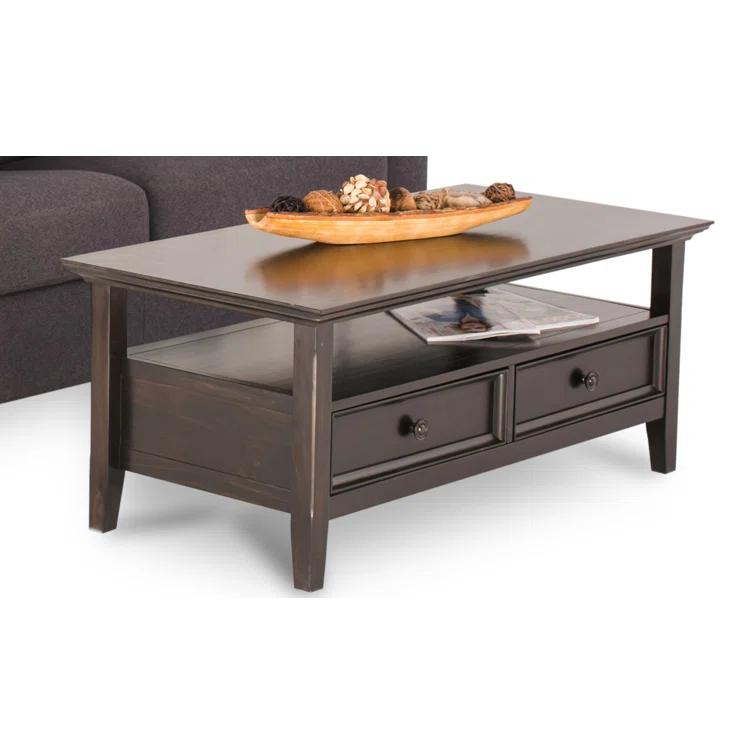Simpli Home Amherst 44"W Solid Wood Transitional Coffee Table with Open Shelf and 2 Drawers