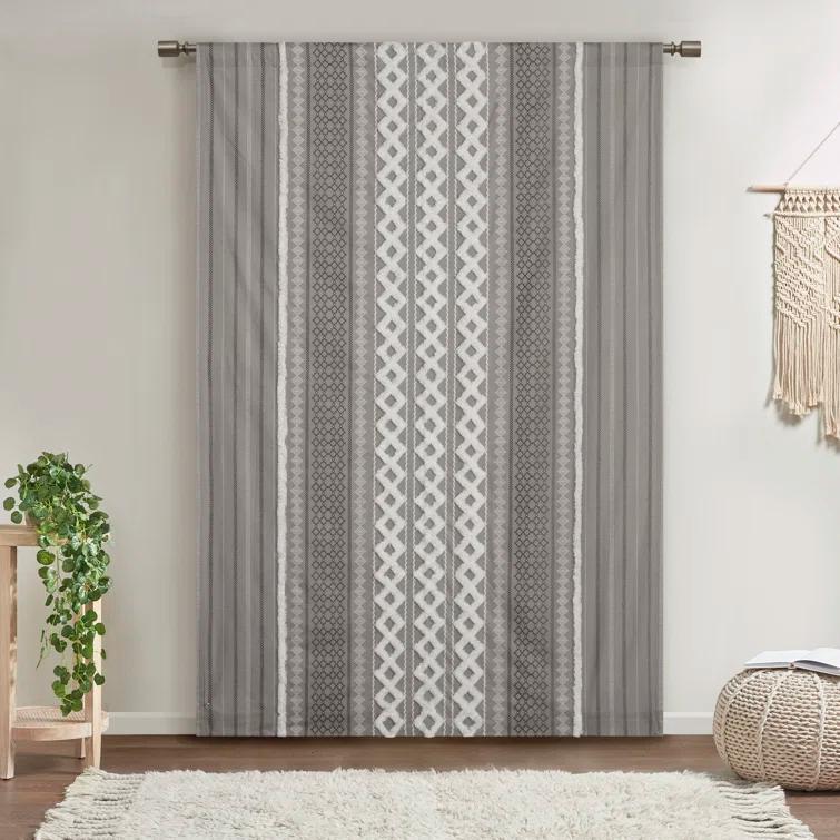 INK+IVY Imani Cotton Printed Boho Single Curtain Panel with Chenille Stripe and Lining