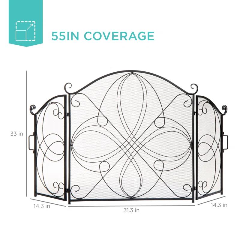 Winston Porter Lissowski 3-Panel 55"x33" Wrought Iron Fireplace Safety Screen Decorative Scroll Spark Guard Cover