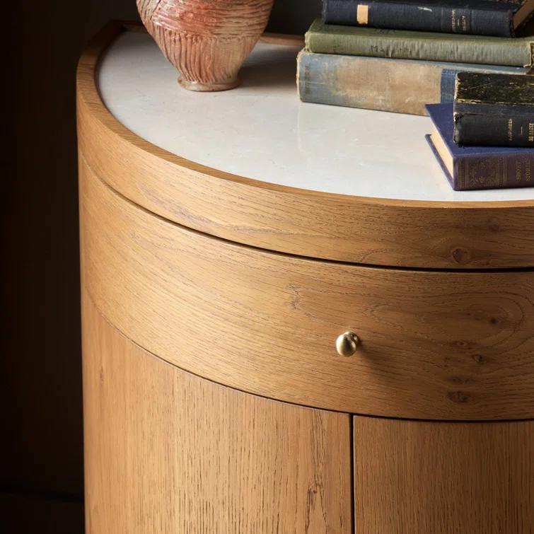 Cream Marble and Oak Veneer Demilune Nightstand with 3 Drawers