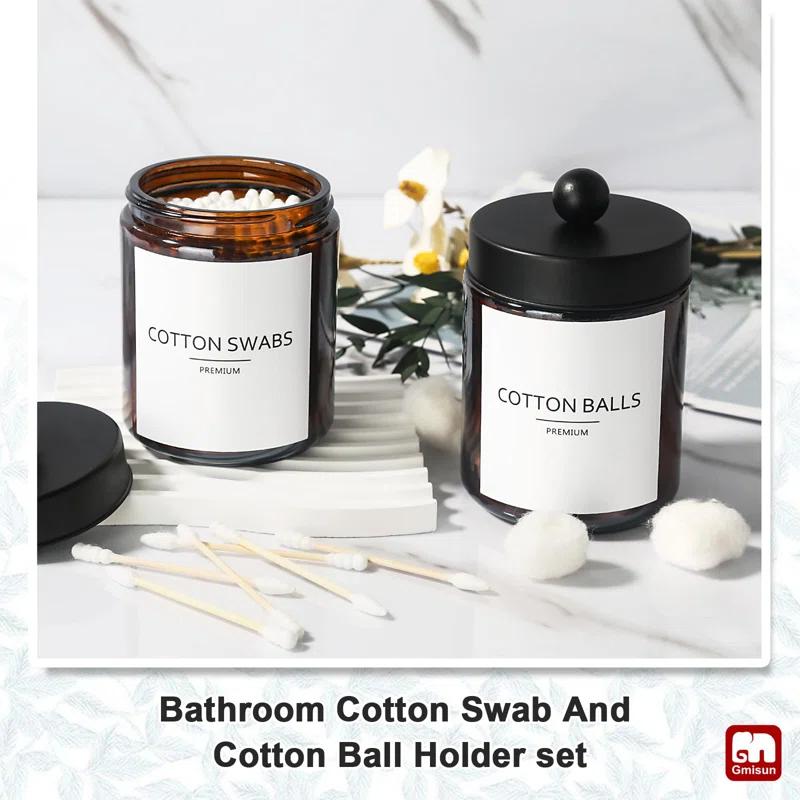 GMISUN Bathroom Accessories Set, 5 Pack Amber Glass Bath Accessory Sets Complete, Brown Soap Dispenser and Toothbrush Holder Bathroom Counter Sink Set with Labels, Rustic Modern Vintage Bathroom Decor