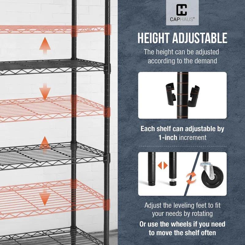 CAPHAUS CAPHAUS NSF Commercial Grade Heavy Duty 5-Tier Wire Shelving w/Wheels, Leveling Feet, 48 x 18 x 76-Inch, Multiple Options