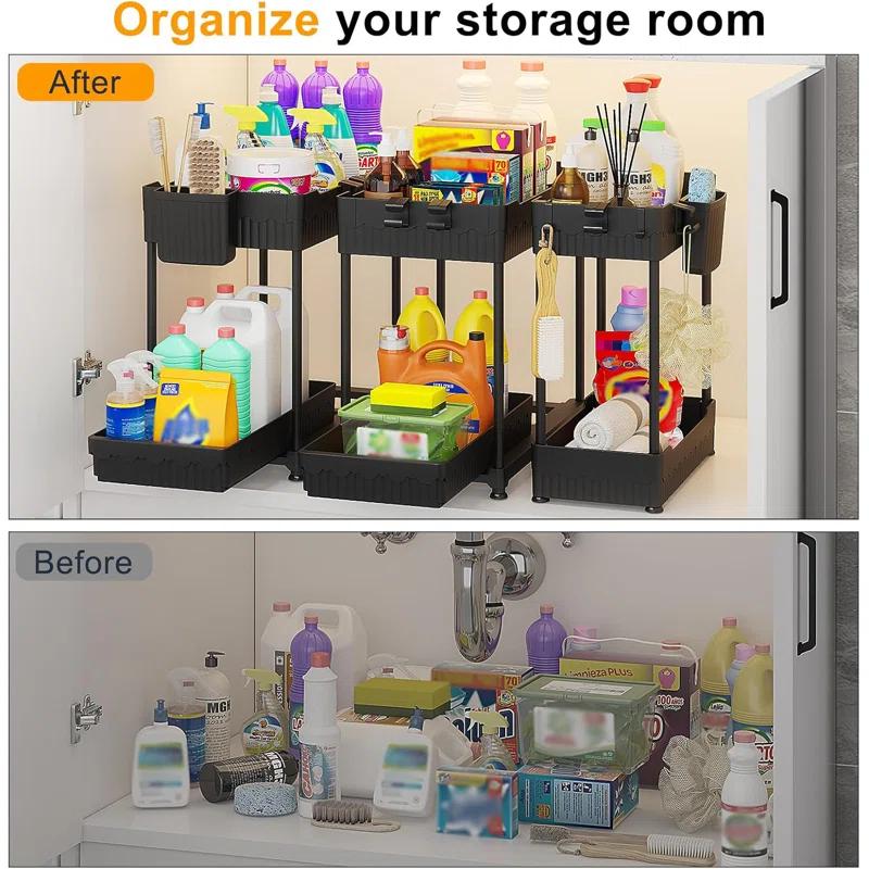 Adeco Trading Under Sink Organizer, 2-Tier Multi-Use Kitchen Bathroom Organizers And Storage With Sliding Drawer，Bathroom Cabinet Organizer (Black, 3 Pack)