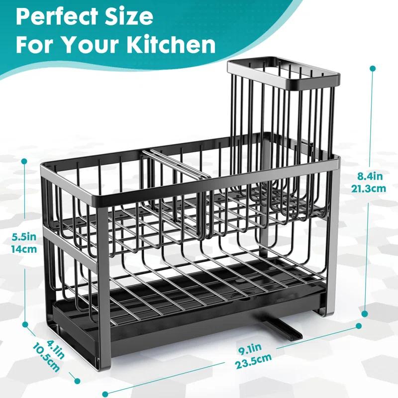 COOREL Sponge Holder For Kitchen Sink Organizer Caddy,2 Tier Dish Brush Scrubber Holder,Stainless Steel Sink Box Utensil Holder With Stand,Black