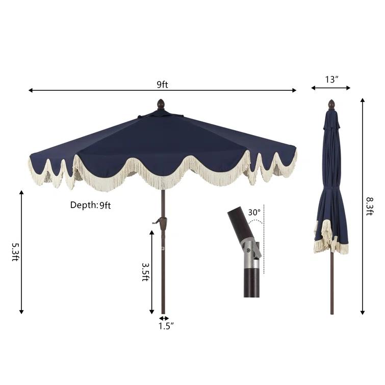 Arlmont & Co. Teretha 9 ft. Classic Cottage Tassel Market Patio Umbrella with Auto-Tilt, Crank, and UV Protection